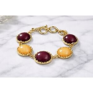 Charming Charlie Gold Tone Toggle Bracelet Burgundy Orange Cabochon Stones 8”